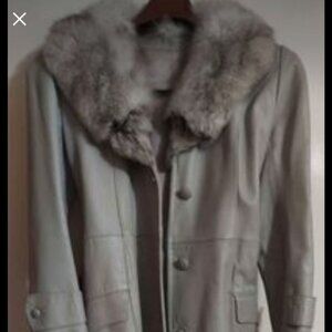 Grey Leather Vintage Women's Coat with Fur Collar